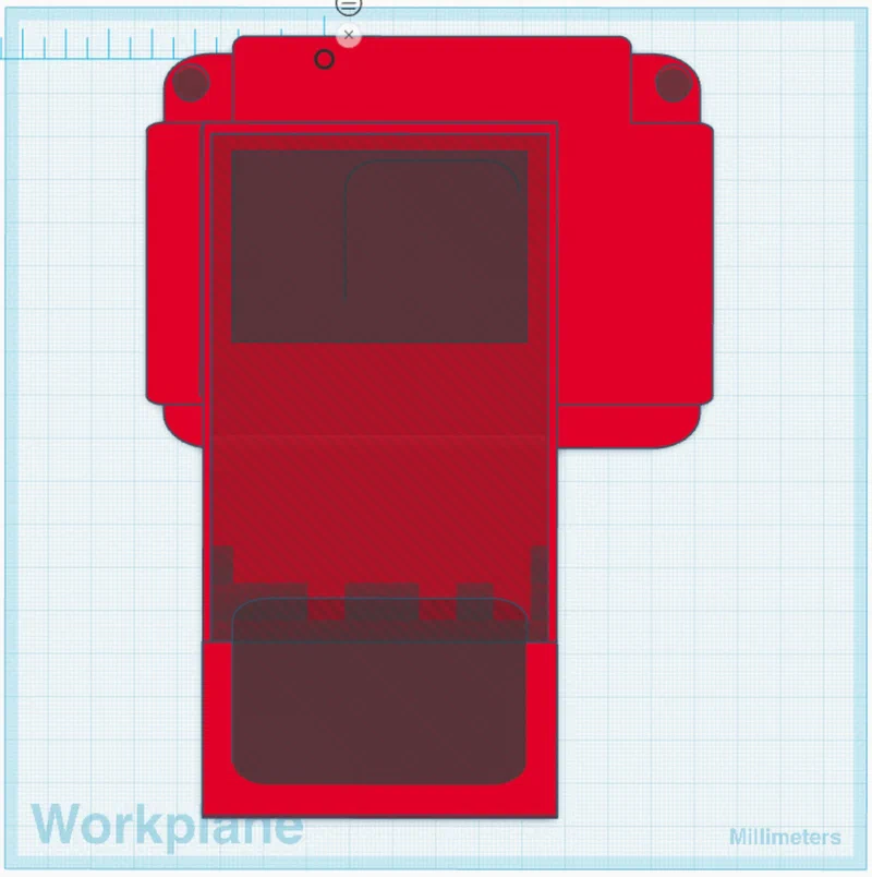 The custom backplate design in Tinkercad. The rectangular frame is sized to hold an iPhone 17 Pro in its case, with a large camera cutout on the reverse side.