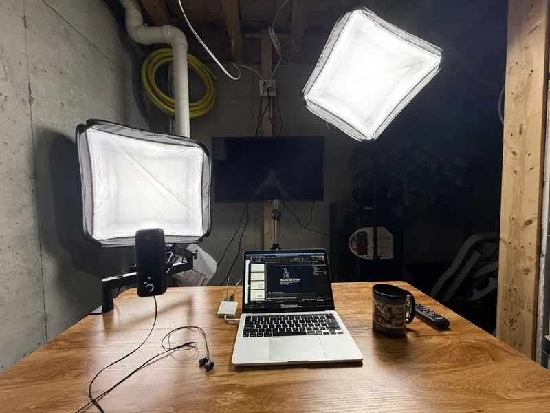lighting and monitor in front of a standing desk