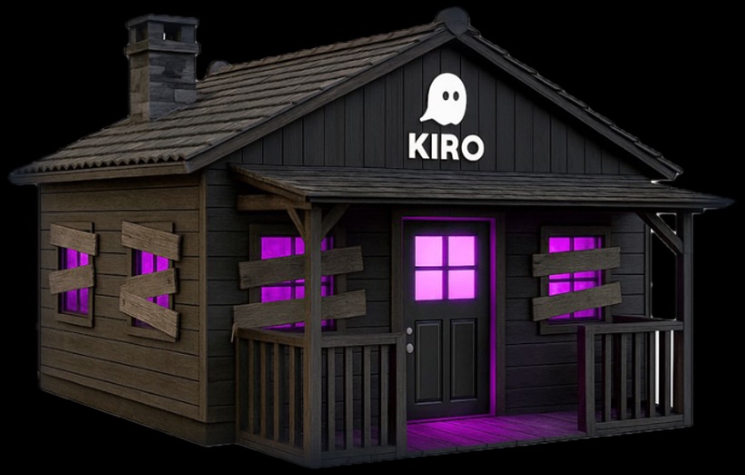 Rustic wooden cabin structure with "KIRO" branding and ghost logo on the roof, featuring boarded-up windows with glowing purple light emanating from behind, creating a haunted house aesthetic with a front porch and chimney.