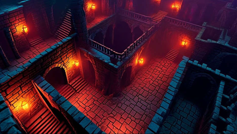 Atmospheric 3D render of a medieval dungeon or castle interior with dramatic red and orange lighting from wall-mounted torches, featuring stone archways, staircases, cobblestone floors, and blue accent lighting creating a moody gaming environment.