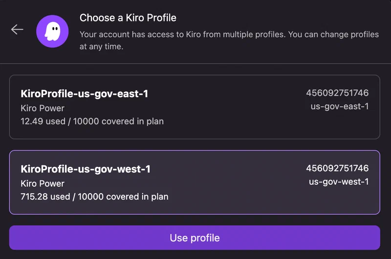 screenshot showing us-gov-east-1 and us-gov-west-1 regions in the billing modal in Kiro IDE