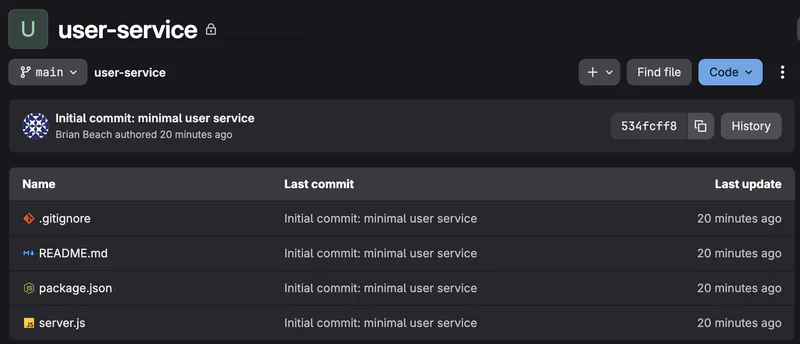The user-service repository on GitLab, on the main branch, containing four files: .gitignore, README.md, package.json, and server.js — all from the initial commit by Brian Beach.