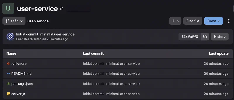 The user-service repository on GitLab, on the main branch, containing four files: .gitignore, README.md, package.json, and server.js — all from the initial commit by Brian Beach.