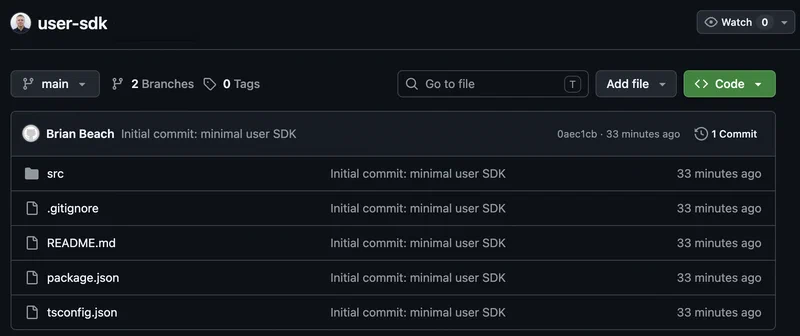 The user-sdk repository on GitHub, on the main branch with 2 branches and 1 commit by Brian Beach. Files include a src directory, .gitignore, README.md, package.json, and tsconfig.json — all from the initial commit.