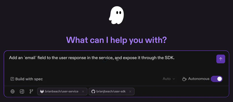 The Kiro Web interface with the prompt Add an email field to the user response in the service, and expose it through the SDK. Both repositories are attached to the session: brianbeach/user-service from GitLab and brianjbeach/user-sdk from GitHub. Autonomous mode is enabled.