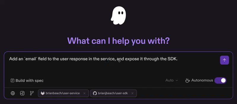 The Kiro Web interface with the prompt Add an email field to the user response in the service, and expose it through the SDK. Both repositories are attached to the session: brianbeach/user-service from GitLab and brianjbeach/user-sdk from GitHub. Autonomous mode is enabled.