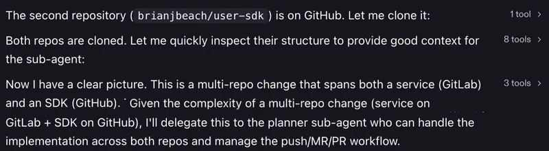 Kiro&rsquo;s reasoning log showing it identified the task as a multi-repo change spanning GitLab and GitHub, cloned both repositories, inspected their structure, and delegated implementation to a planner sub-agent to handle both the code changes and the MR/PR workflow.