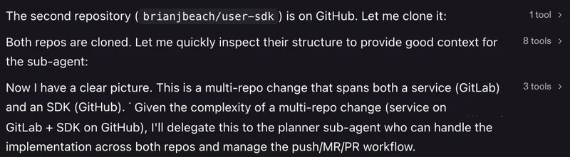 Kiro&rsquo;s reasoning log showing it identified the task as a multi-repo change spanning GitLab and GitHub, cloned both repositories, inspected their structure, and delegated implementation to a planner sub-agent to handle both the code changes and the MR/PR workflow.