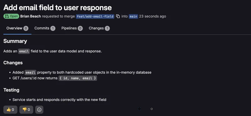 GitLab merge request titled Add email field to user response, opened by Brian Beach to merge feat/add-email-field into main. The summary describes adding an email field to the user data model, with the GET /users/:id endpoint now returning id, name, and email.