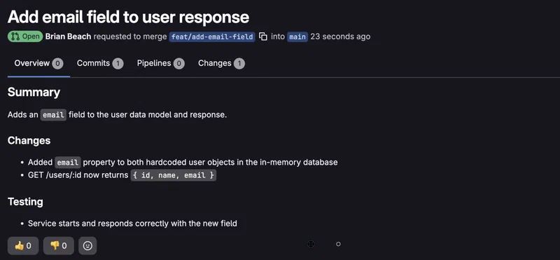 GitLab merge request titled Add email field to user response, opened by Brian Beach to merge feat/add-email-field into main. The summary describes adding an email field to the user data model, with the GET /users/:id endpoint now returning id, name, and email.