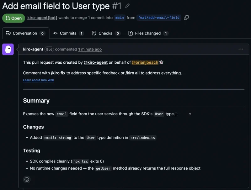GitHub pull request #1 titled Add email field to User type, opened by kiro-agent bot on behalf of brianjbeach. It merges the feat/add-email-field branch into main, with a summary noting that email: string was added to the User type in src/index.ts and the SDK compiles cleanly.