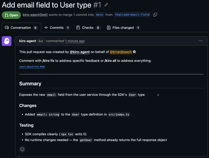 GitHub pull request #1 titled Add email field to User type, opened by kiro-agent bot on behalf of brianjbeach. It merges the feat/add-email-field branch into main, with a summary noting that email: string was added to the User type in src/index.ts and the SDK compiles cleanly.